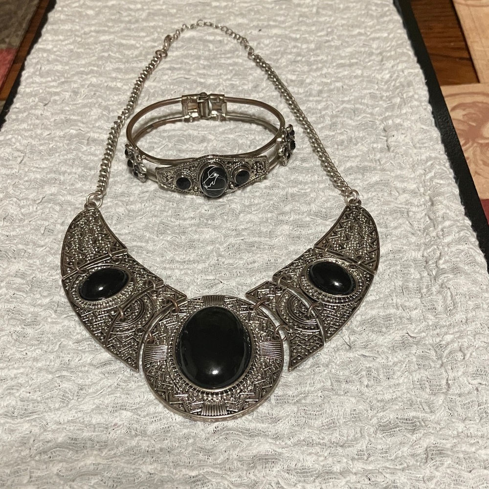 Tribal silver-Tone synthetic black Onyx Statement Necklace & Bracelet Set